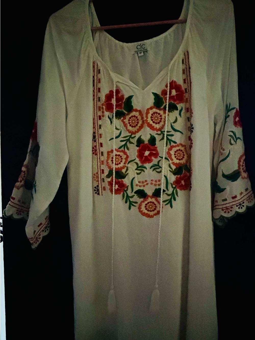White Embroidered Floral Peasant Dress